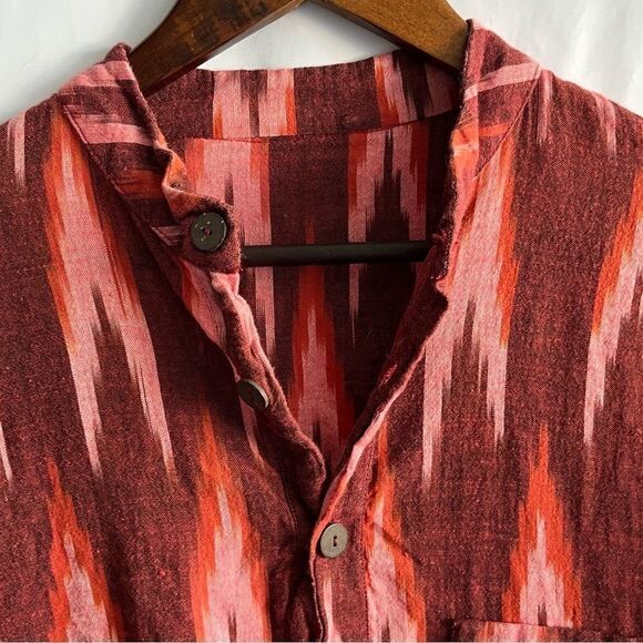 Women's Red Boho Printed Long Sleeve Button Front Top - Picture 3 of 8